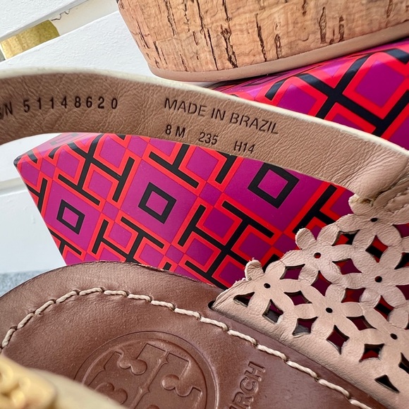 Tory Burch Cork Platform Wedge Sandals Cream Cutout Leather Women’s Sz 8 NEW - Picture 10 of 12